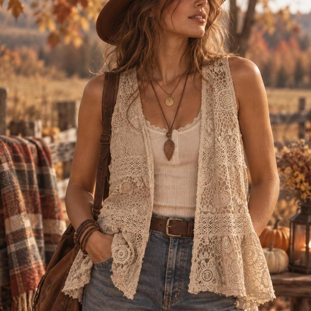 Self Esteem Beige Cream Crochet Vest Cottagecore Festival Boho Size M